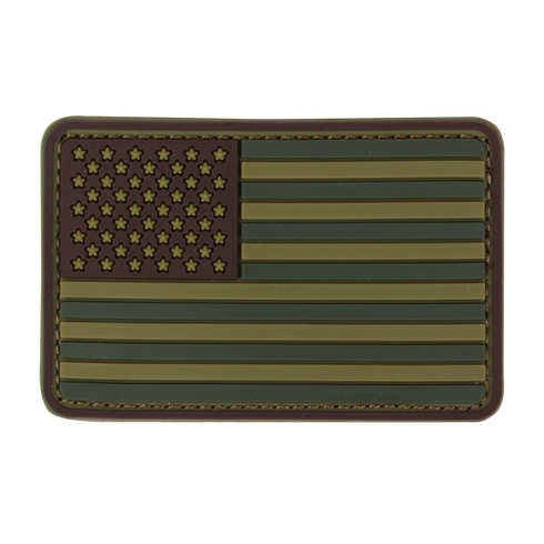 The Condor US Flag PVC Patch features a subdued green and brown stars-and-stripes design, outlined with stitching—perfect for law enforcement uniforms or bushcraft gear.