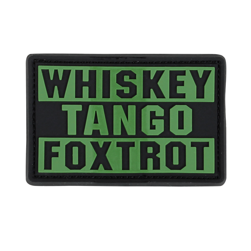The Condor Whiskey Tango Foxtrot PVC Patch features bold olive drab letters on a black background, ideal for military personnel or collectors.