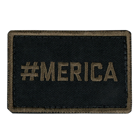 The Condor MERICA PATCH is a rectangular black fabric patch with #MERICA embroidered in olive green—ideal for military uniforms or shooting range gear.