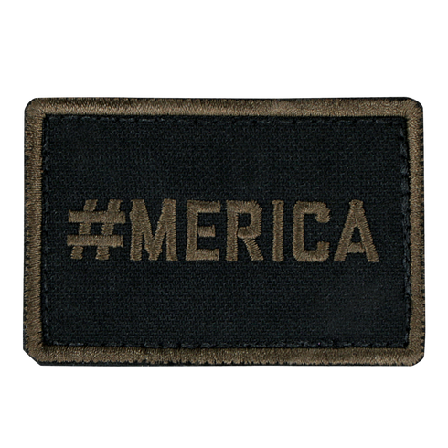 The Condor MERICA PATCH is a rectangular black fabric patch with #MERICA embroidered in olive green—ideal for military uniforms or shooting range gear.