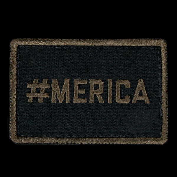 The Condor MERICA PATCH is a rectangular black fabric patch with #MERICA embroidered in olive green—ideal for military uniforms or shooting range gear.