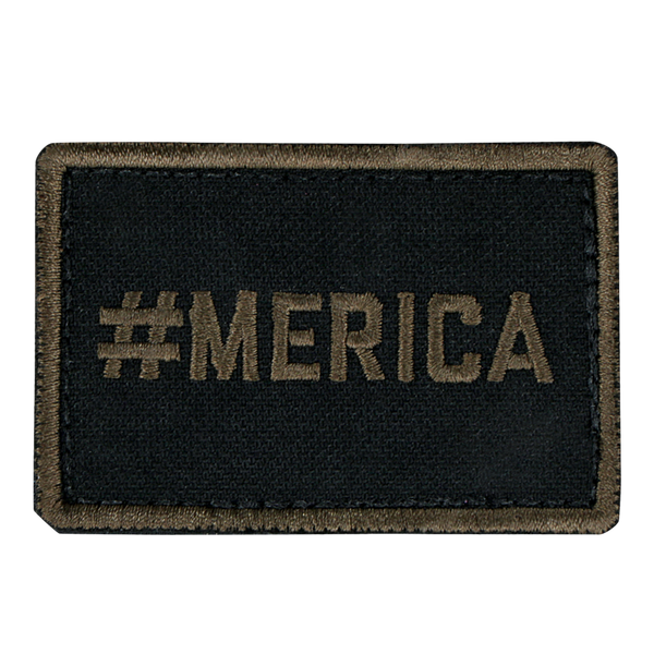 The Condor MERICA PATCH is a rectangular black fabric patch with #MERICA embroidered in olive green—ideal for military uniforms or shooting range gear.