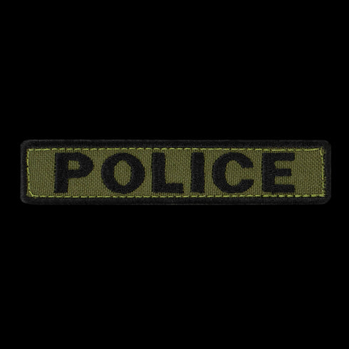 The Condor Police Patch is a rectangular fabric patch with an olive green background, black border, and bold black POLICE lettering—perfect for military applications or use at the shooting range.