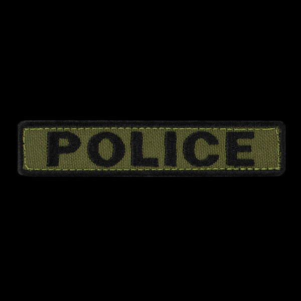 The Condor Police Patch is a rectangular fabric patch with an olive green background, black border, and bold black POLICE lettering—perfect for military applications or use at the shooting range.