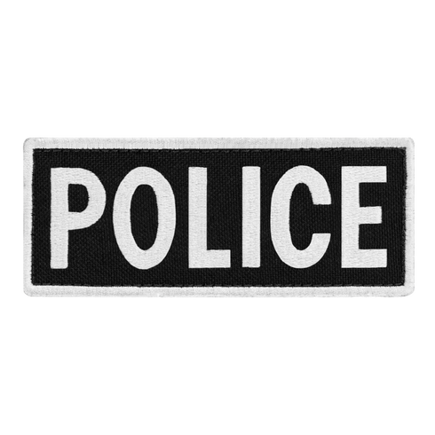 The Condor Police Patch is a rectangular black patch with bold white POLICE lettering, ideal for first responder gear or range wear.