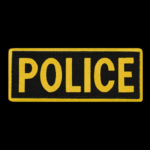 The Condor Police Patch features large yellow POLICE text on black with a yellow border—ideal for EDC gear or the shooting range.