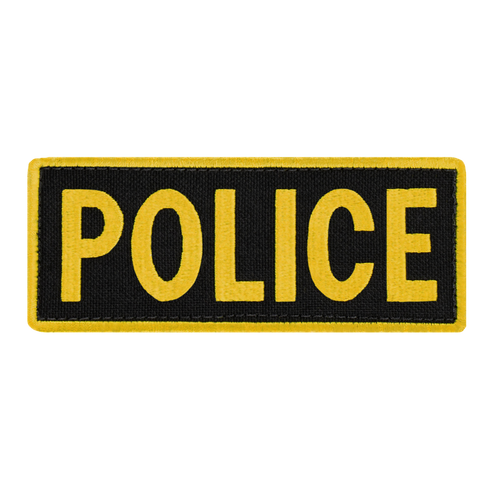 The Condor Police Patch features large yellow POLICE text on black with a yellow border—ideal for EDC gear or the shooting range.