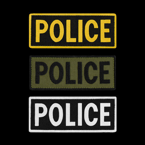 The Condor Police Patch set includes three rectangular patches—yellow on black, black on green, and white on black—all with bold POLICE text, arranged vertically. Perfect for everyday carry or shooting range use.
