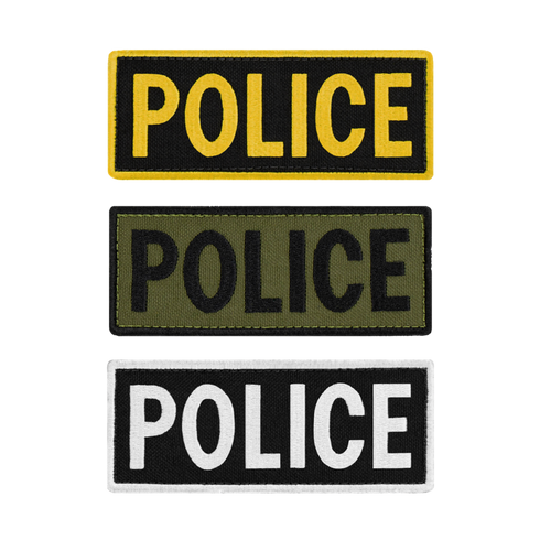 The Condor Police Patch set includes three rectangular patches—yellow on black, black on green, and white on black—all with bold POLICE text, arranged vertically. Perfect for everyday carry or shooting range use.
