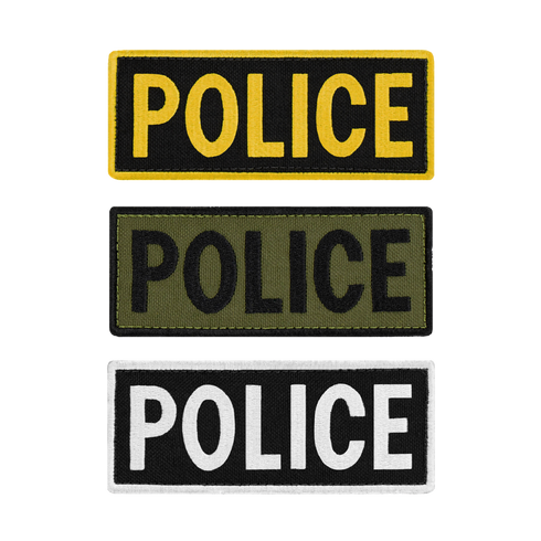 The Condor Police Patch set includes three rectangular patches—yellow on black, black on green, and white on black—all with bold POLICE text, arranged vertically. Perfect for everyday carry or shooting range use.