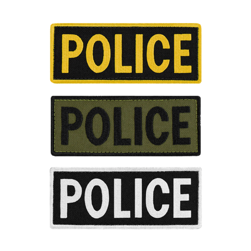 The Condor Police Patch set includes three rectangular patches—yellow on black, black on green, and white on black—all with bold POLICE text, arranged vertically. Perfect for everyday carry or shooting range use.