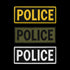 The Condor Police Patch set includes three rectangular patches—yellow on black, black on green, and white on black—all with bold POLICE text, arranged vertically. Perfect for everyday carry or shooting range use.