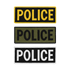 The Condor Police Patch set includes three rectangular patches—yellow on black, black on green, and white on black—all with bold POLICE text, arranged vertically. Perfect for everyday carry or shooting range use.