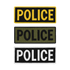 The Condor Police Patch set includes three rectangular patches—yellow on black, black on green, and white on black—all with bold POLICE text, arranged vertically. Perfect for everyday carry or shooting range use.