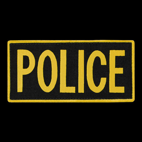 The Condor Police Patch features large yellow POLICE lettering on a black background with a yellow border—perfect for military or shooting range use.