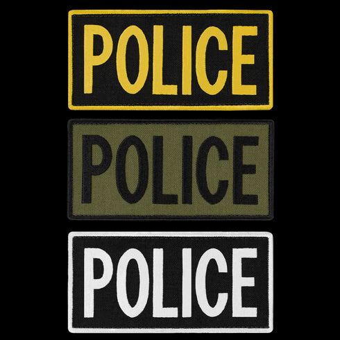 The Condor Police Patch set includes three rectangular patches with POLICE in large letters—yellow on black, black on olive, and white on black—ideal for law enforcement or military EDC gear.