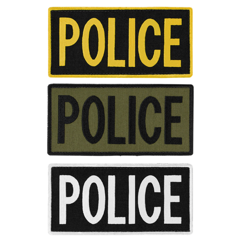 The Condor Police Patch set includes three rectangular patches with POLICE in large letters—yellow on black, black on olive, and white on black—ideal for law enforcement or military EDC gear.