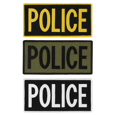 Three Condor Police Patches displayed vertically: yellow “POLICE” on black, black on olive green, and black on white backgrounds.