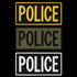 The Condor Police Patch set includes three rectangular patches with POLICE in large letters—yellow on black, black on olive, and white on black—ideal for law enforcement or military EDC gear.