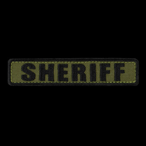 The Condor Sheriff Patch is a rectangular olive green fabric patch with bold black SHERIFF lettering, ideal for law enforcement or first responder uniforms.