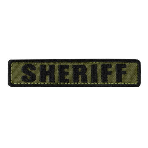 The Condor Sheriff Patch is a rectangular olive green fabric patch with bold black SHERIFF lettering, ideal for law enforcement or first responder uniforms.
