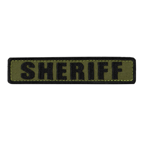 The Condor Sheriff Patch is a rectangular olive green fabric patch with bold black SHERIFF lettering, ideal for law enforcement or first responder uniforms.