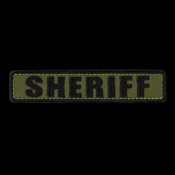 The Condor Sheriff Patch is a rectangular olive green fabric patch with bold black SHERIFF lettering, ideal for law enforcement or first responder uniforms.