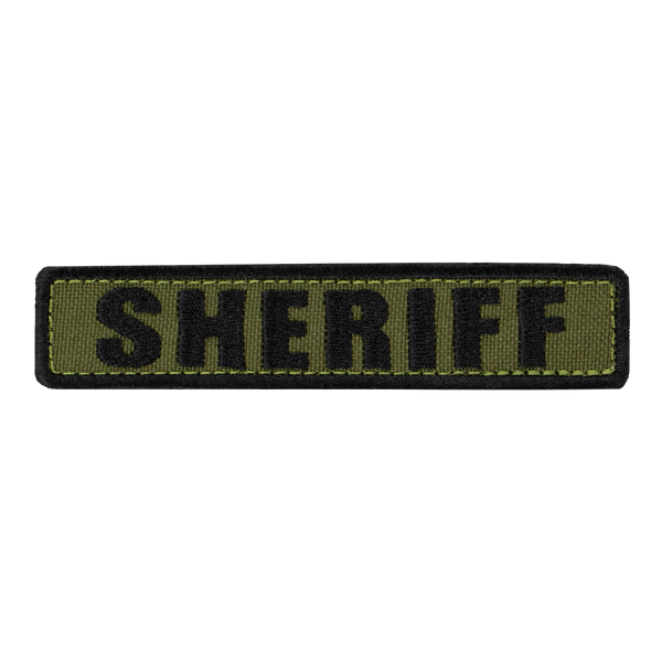 The Condor Sheriff Patch is a rectangular olive green fabric patch with bold black SHERIFF lettering, ideal for law enforcement or first responder uniforms.