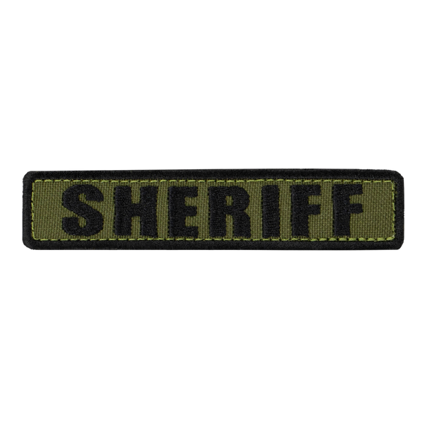 The Condor Sheriff Patch is a rectangular olive green fabric patch with bold black SHERIFF lettering, ideal for law enforcement or first responder uniforms.