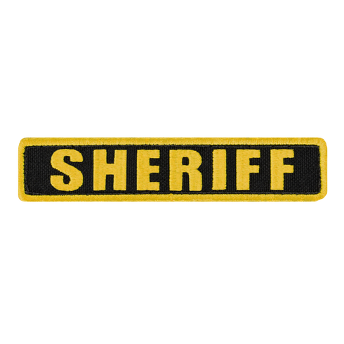 The Condor Sheriff Patch is a rectangular patch featuring SHERIFF in bold yellow letters on a black background with a yellow border—ideal for law enforcement or first responder uniforms.