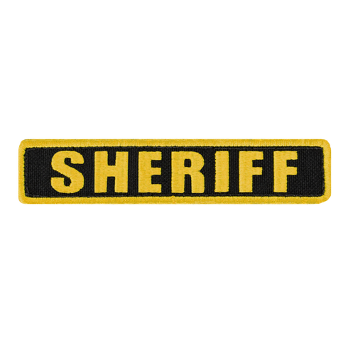 The Condor Sheriff Patch is a rectangular patch featuring SHERIFF in bold yellow letters on a black background with a yellow border—ideal for law enforcement or first responder uniforms.