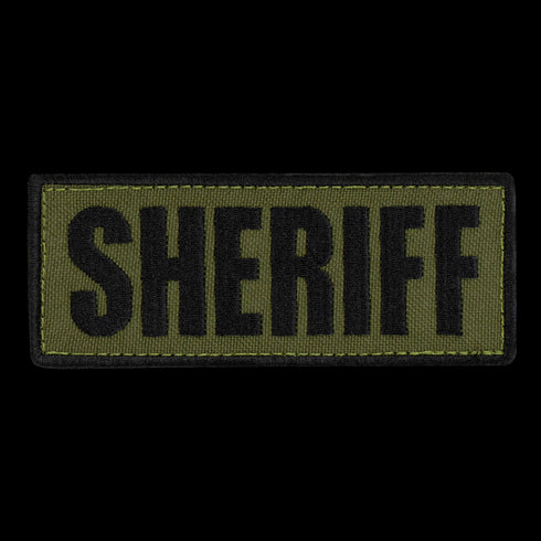 The Condor Sheriff Patch is a rectangular green fabric patch with black embroidered SHERIFF text, ideal for tactical or first responder gear.