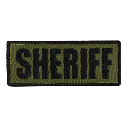 The Condor Sheriff Patch is a rectangular green fabric patch with black embroidered SHERIFF text, ideal for tactical or first responder gear.