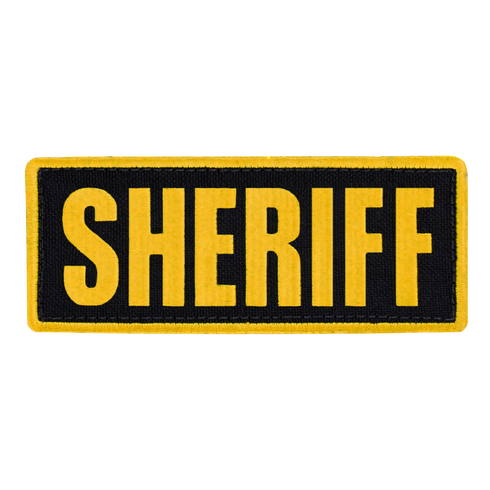 The Condor Sheriff Patch is a rectangular tactical patch featuring bold yellow SHERIFF lettering on black with a yellow border, perfect for law enforcement or military use.