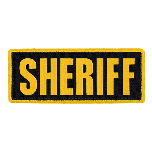 The Condor Sheriff Patch is a rectangular tactical patch featuring bold yellow SHERIFF lettering on black with a yellow border, perfect for law enforcement or military use.