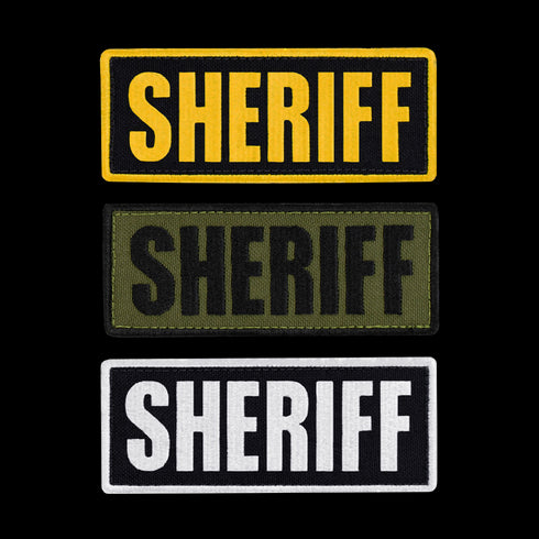 The Condor Sheriff Patch comes in three rectangular styles—yellow, olive green, and white—all with bold black SHERIFF text. Ideal for tactical use by law enforcement and first responders.