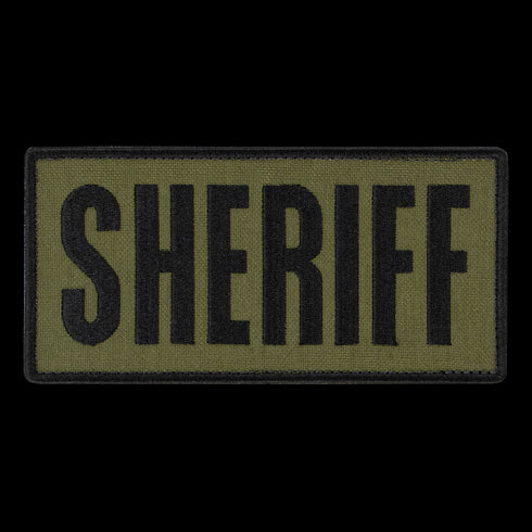 The Condor Sheriff Patch features a rectangular olive-green design with bold black SHERIFF lettering, ideal for law enforcement or tactical uniforms.