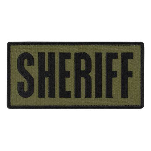 The Condor Sheriff Patch features a rectangular olive-green design with bold black SHERIFF lettering, ideal for law enforcement or tactical uniforms.