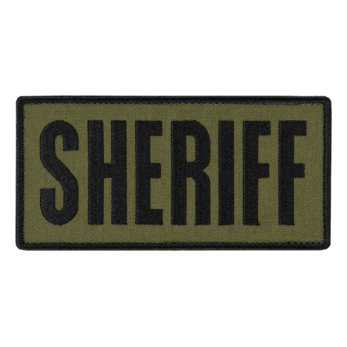 The Condor Sheriff Patch features a rectangular olive-green design with bold black SHERIFF lettering, ideal for law enforcement or tactical uniforms.