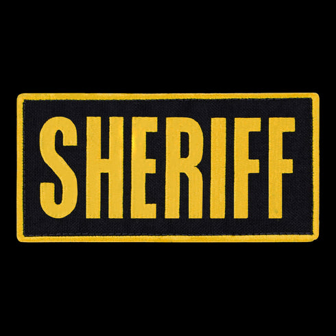 The Condor Sheriff Patch is a rectangular tactical patch with SHERIFF in large yellow letters on a black background, bordered in yellow.