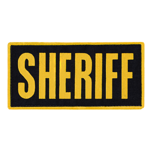 The Condor Sheriff Patch is a rectangular tactical patch with SHERIFF in large yellow letters on a black background, bordered in yellow.