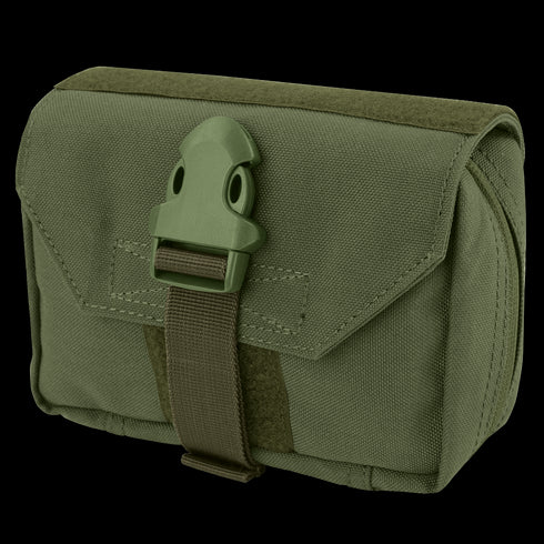 The Condor First Response Pouch in Olive Drab features a buckle closure and flap cover, crafted from durable fabric and shown against a white background.