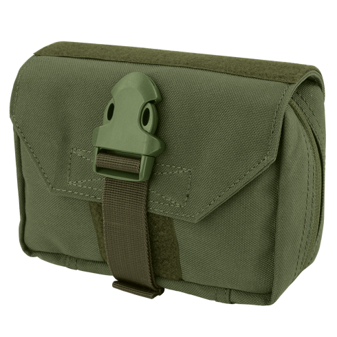 The Condor First Response Pouch in Olive Drab features a buckle closure and flap cover, crafted from durable fabric and shown against a white background.