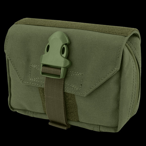 The Condor First Response Pouch in Olive Drab features a buckle closure and flap cover, crafted from durable fabric and shown against a white background.