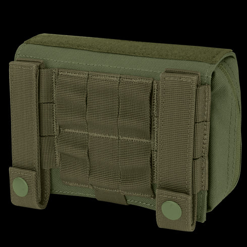 The Condor First Response Pouch is a green tactical pouch with MOLLE webbing and two snap-button straps on the back, designed for attachment to gear or belts.