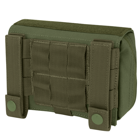 The Condor First Response Pouch is an olive green tactical pouch with MOLLE webbing and snap-button straps on the back, designed for easy attachment to gear or backpacks.