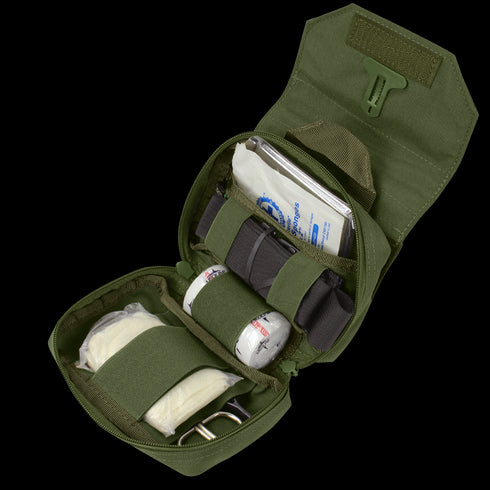 The Condor First Response Pouch is open, revealing organized medical supplies like bandages, gauze, gloves, and scissors inside.