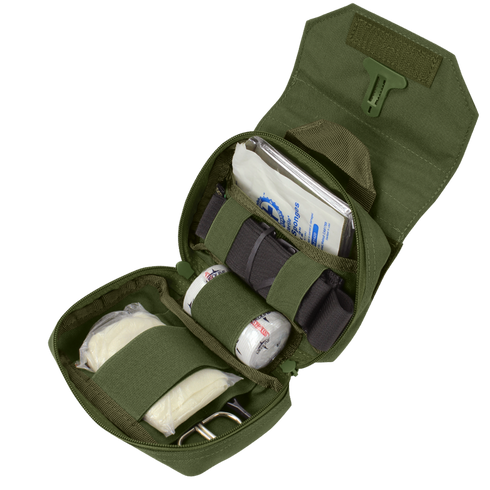 The Condor First Response Pouch is open, revealing organized medical supplies like bandages, gauze, gloves, and scissors inside.