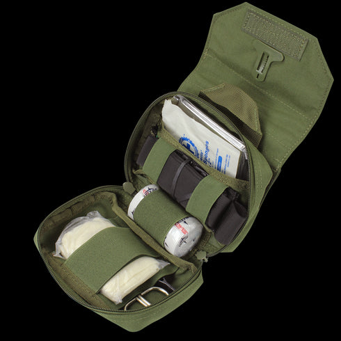 The Condor First Response Pouch - Scorpion OCP displays bandages, gauze, and medical supplies in organized compartments—perfect for Military or First Responder use.