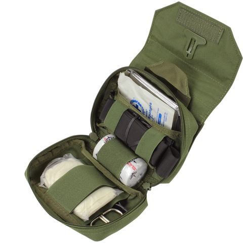 The Condor First Response Pouch - Scorpion OCP displays bandages, gauze, and medical supplies in organized compartments—perfect for Military or First Responder use.